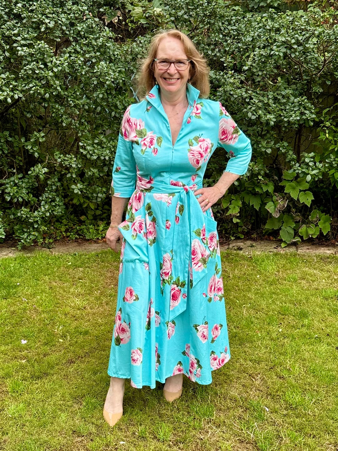 Customer photo review of The 'Zip Pocket' Dress in Aqua Rose Reverie - New Ballerina Length