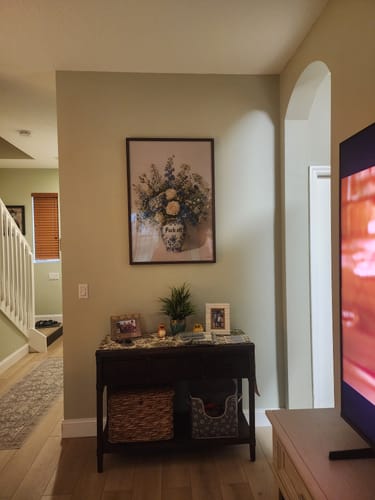Customer's Boundaries art print framed and hanging on a light green wall above a dark wooden console table.