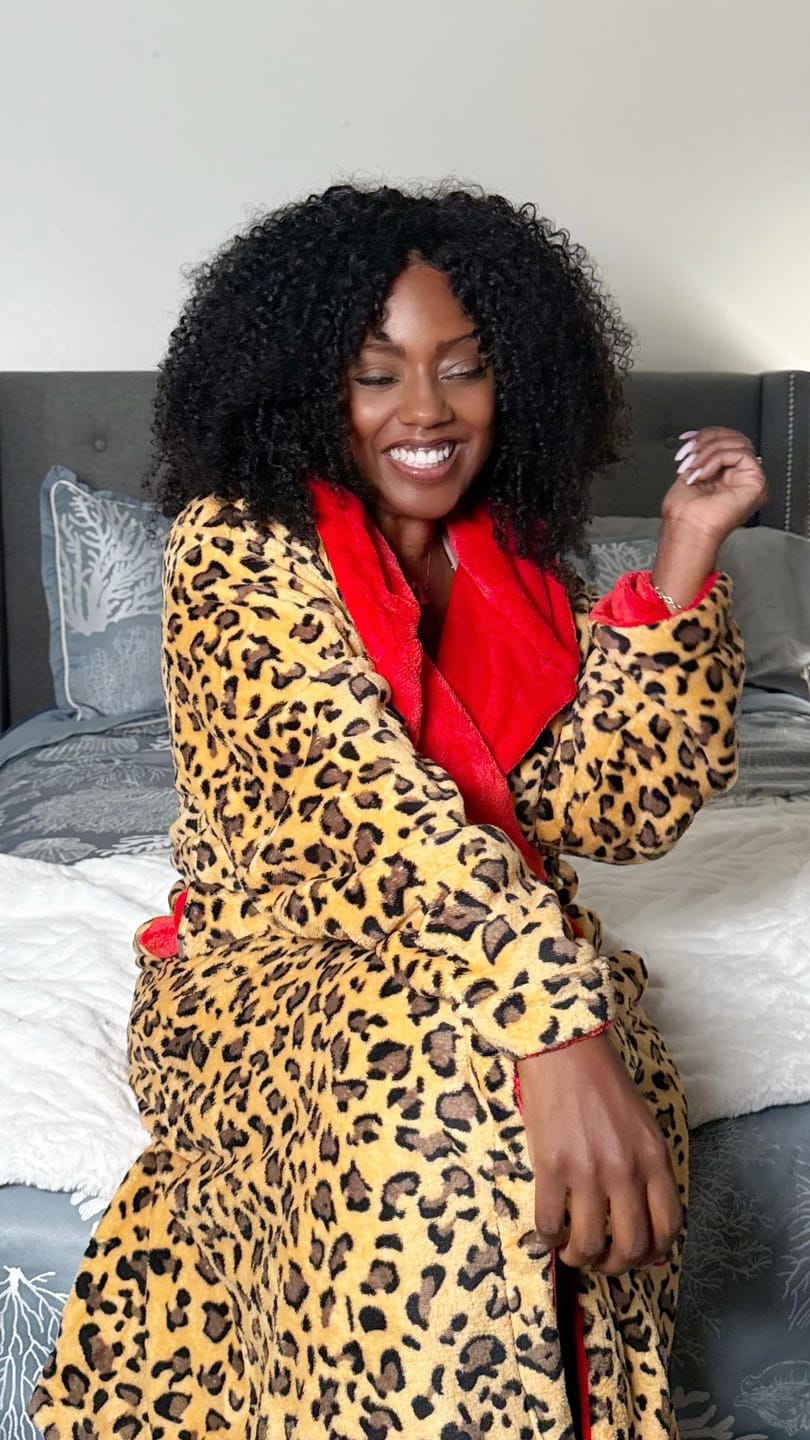 Customer photo review of Limited Edition Hooded Leopard Robe with Red Interior
