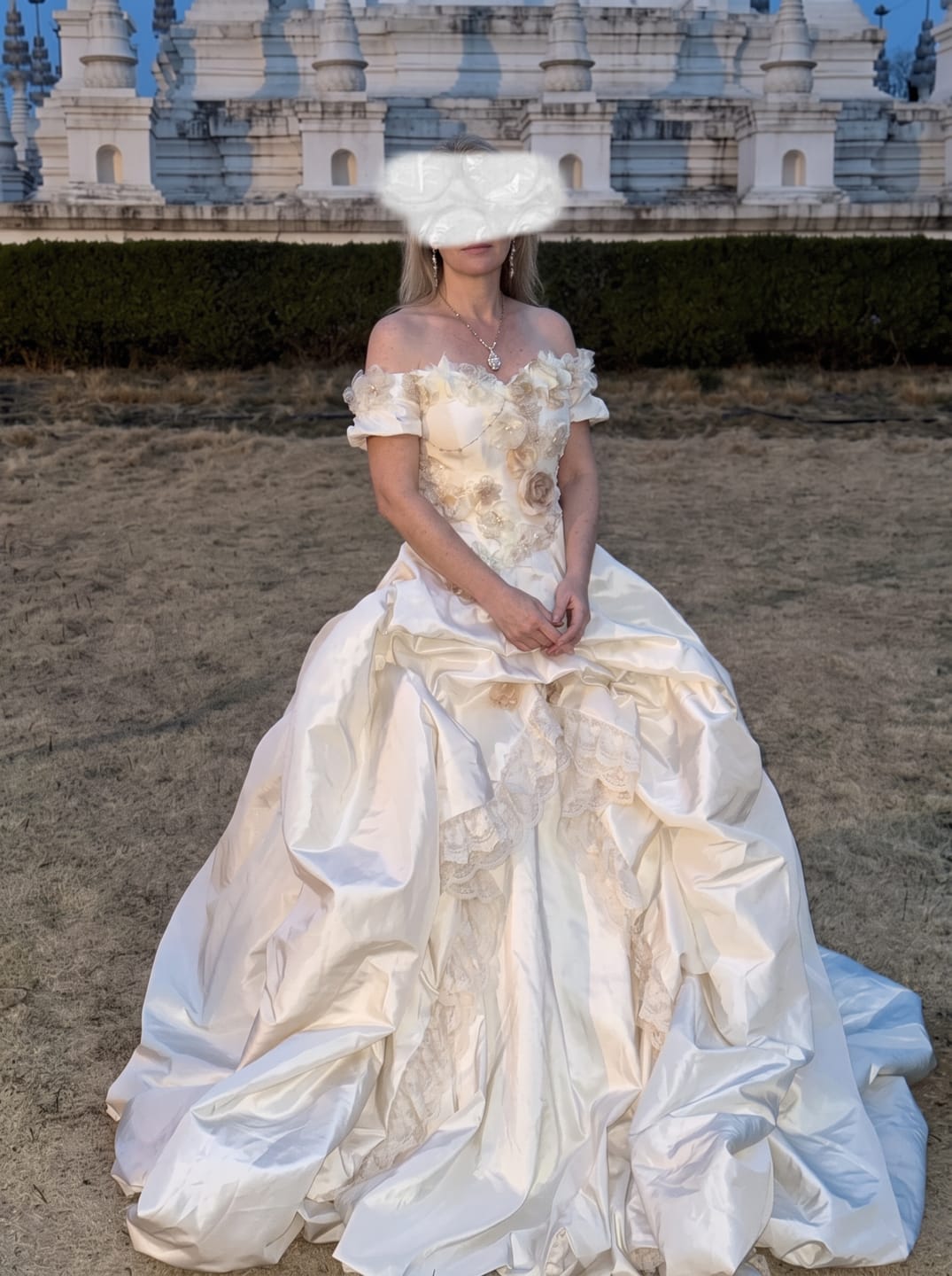 Customer photo review of Ivory Wedding Dress with Floral Appliqué Off Shoulder Bodice and Draped Ball Gown Skirt Plus Size