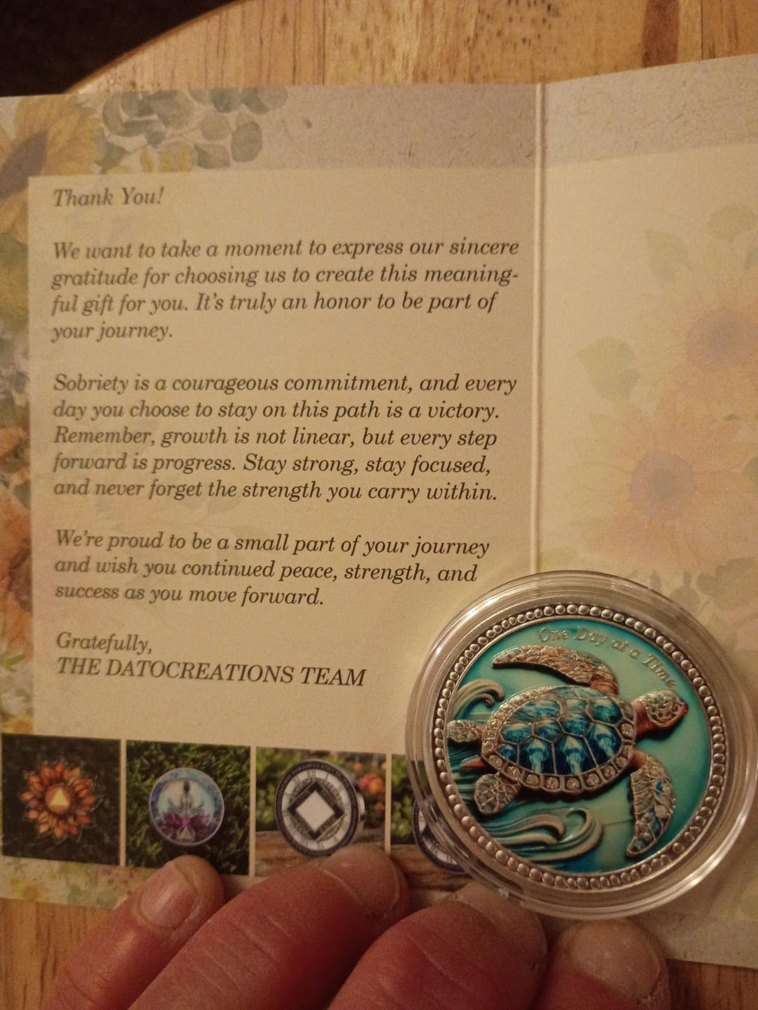 Customer photo review of 3D Turtle Sobriety Coin – One Day at a Time Recovery Token