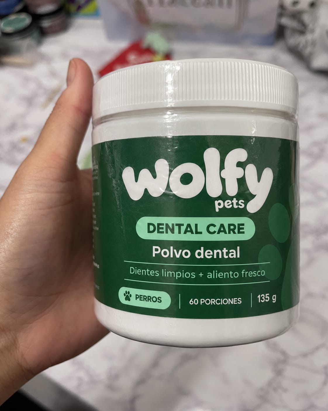 Customer photo review of Polvo Dental Anti-Sarro para Perros