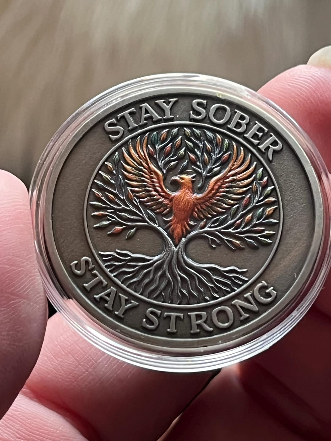 Customer photo review of Personalized Phoenix Tree of Life Sobriety Coin – Personalize Any Day, Month or Year