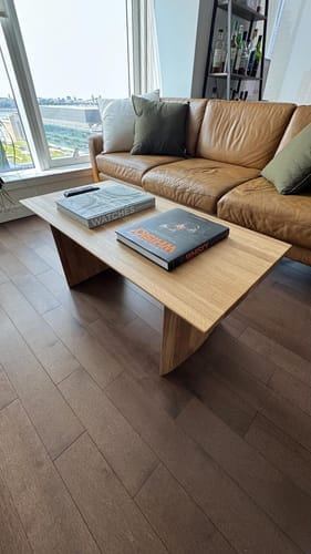 Customer photo review of Minimalist Oak Slab Coffee Table, Low-Profile Solid Wood Living Room Table with Panel Legs