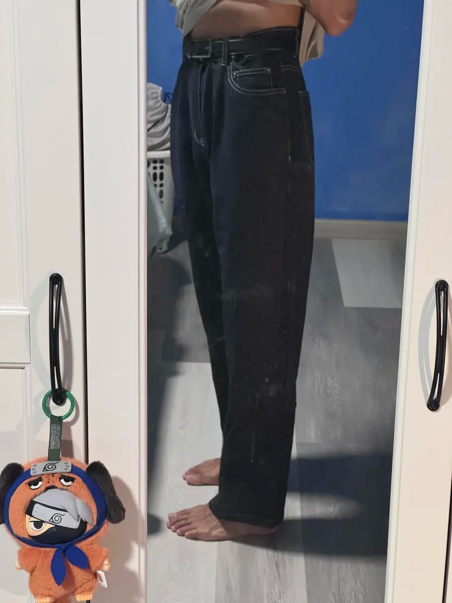 Customer photo review of Straight Cut Dark Denim With Contrast Stitch