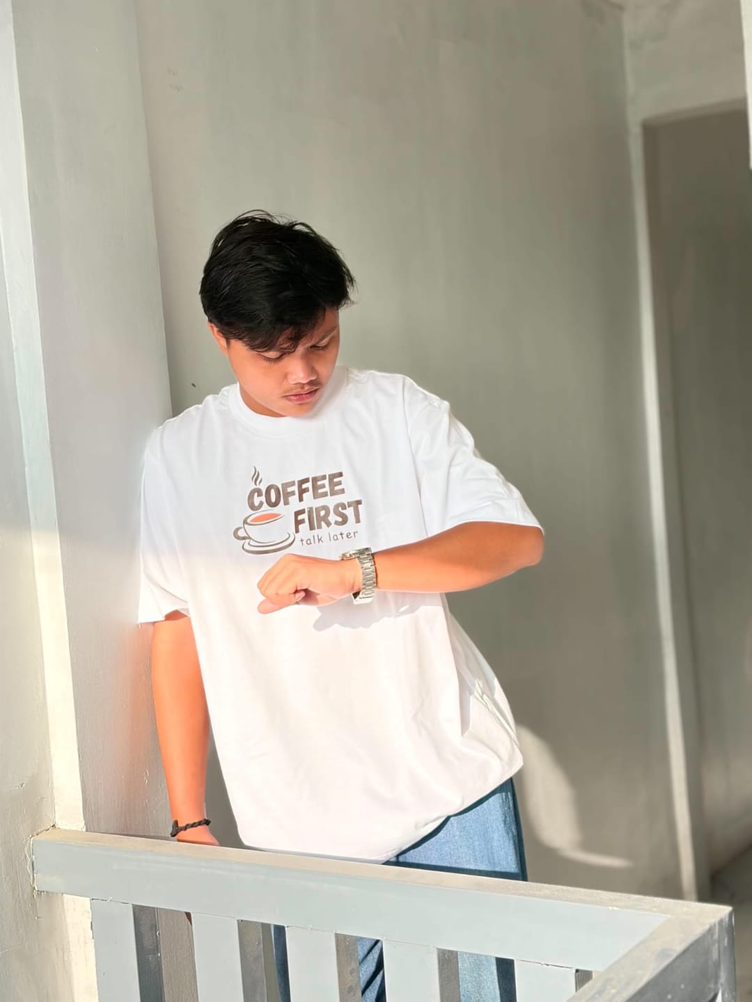 Customer photo review of Coffee First, Talk Later Oversized Tee - 100% Premium Cotton