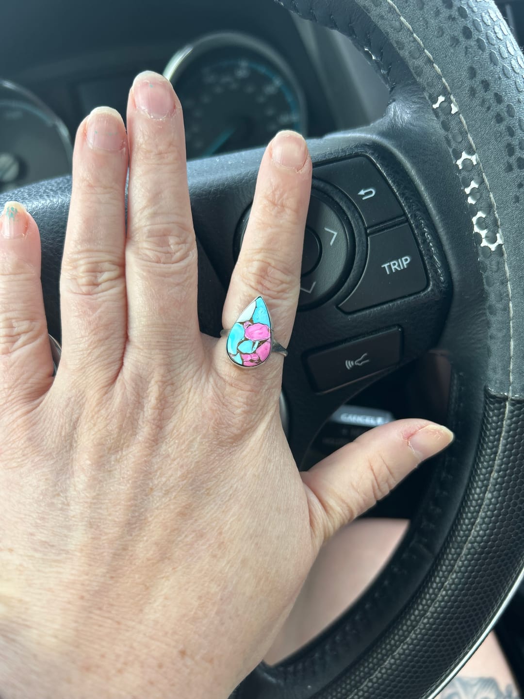 Customer photo review of Navajo Made Cotton Candy Dahlia & Sterling Silver Ring Size 8.25