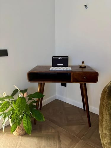 Customer photo review of Curved-Edge Mid-Century Writing Desk — Solid Wood Home Office Desk with Open Cubby & Drawer, Walnut