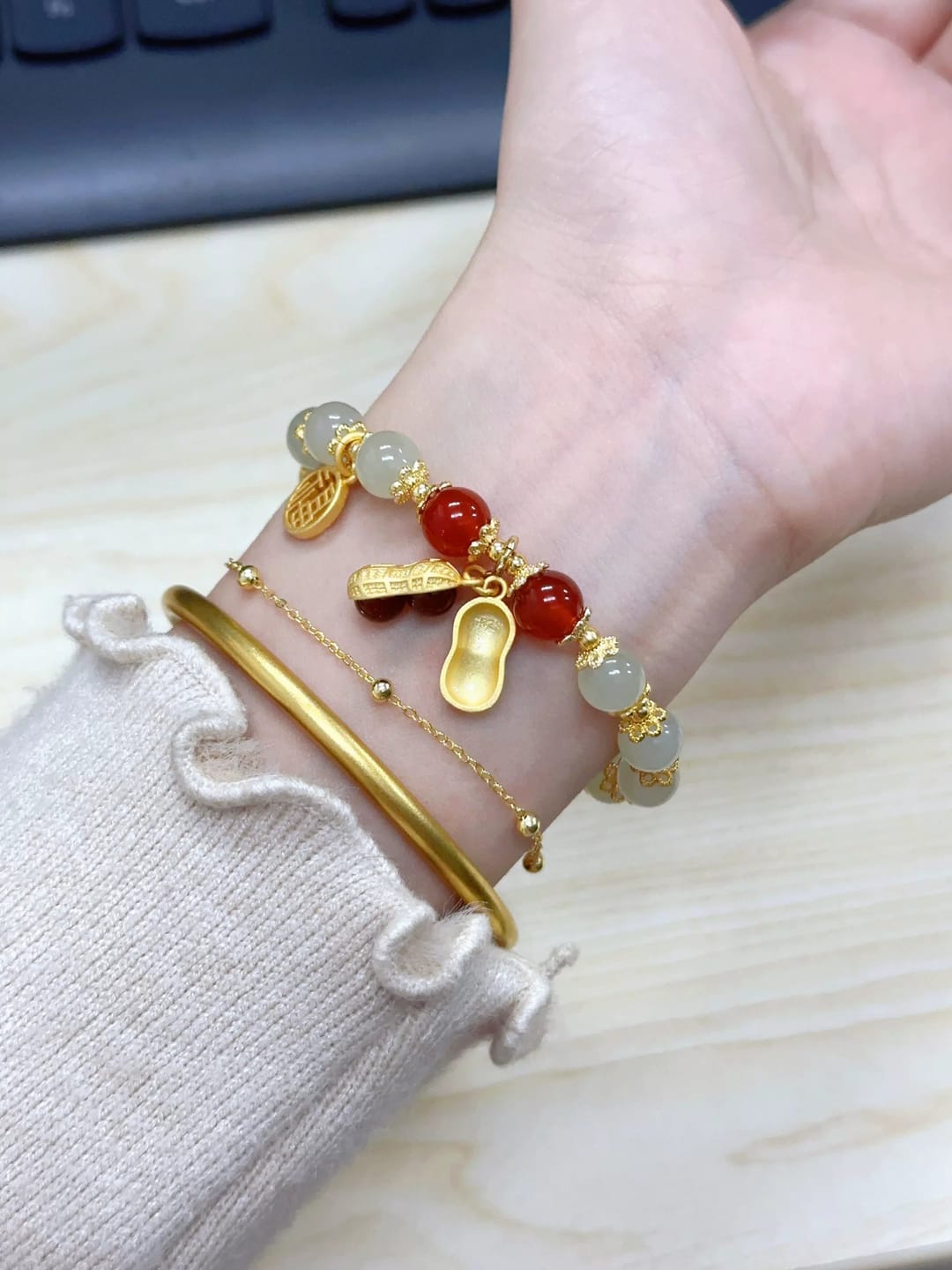Customer photo review of FREE Today: Good Fortune & Prosperity Hetian Jade Peanut Charm Double Layer Luck Bracelet