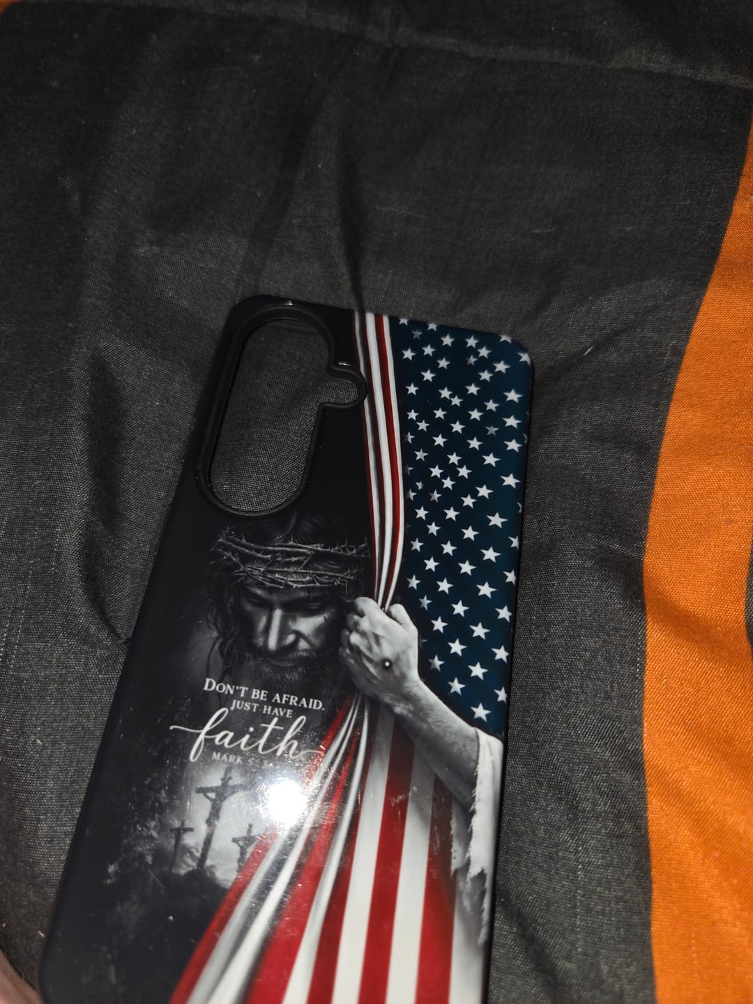 Customer photo review of Don't Be Afraid Just Have Faith Mark 5:36, American Flag, Christian Phone Case