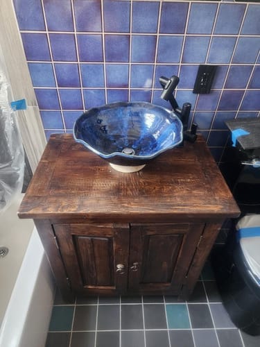Customer photo review of Reclaimed Solid Wood Bathroom Vanity, Rustic Walnut Two-Door Cabinet with Plank Top for a Vessel Sink