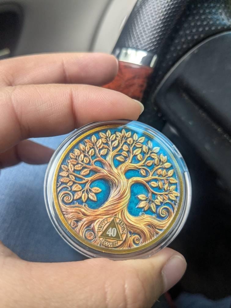 Customer photo review of Personalized Recovery Tree of Life Sobriety Coin – Personalize Any Day, Month or Year