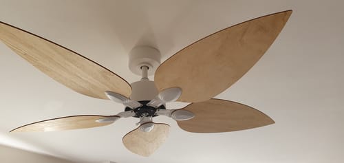 Customer's Virevole teinté Chêne ventilateur de plafond avec pales en bois clair, installé au plafond.
