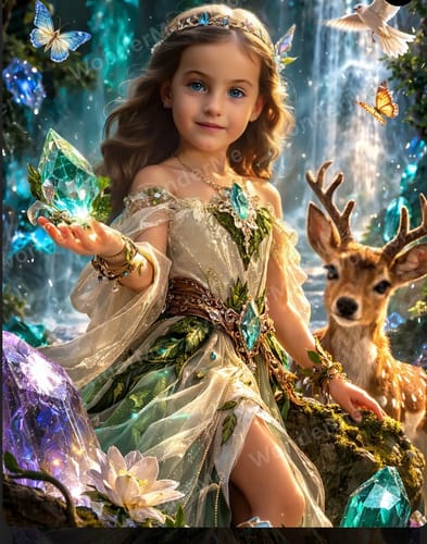 Customer's Crystal Nature angel portrait featuring a young girl in a forest with glowing crystals, butterflies, and a deer.