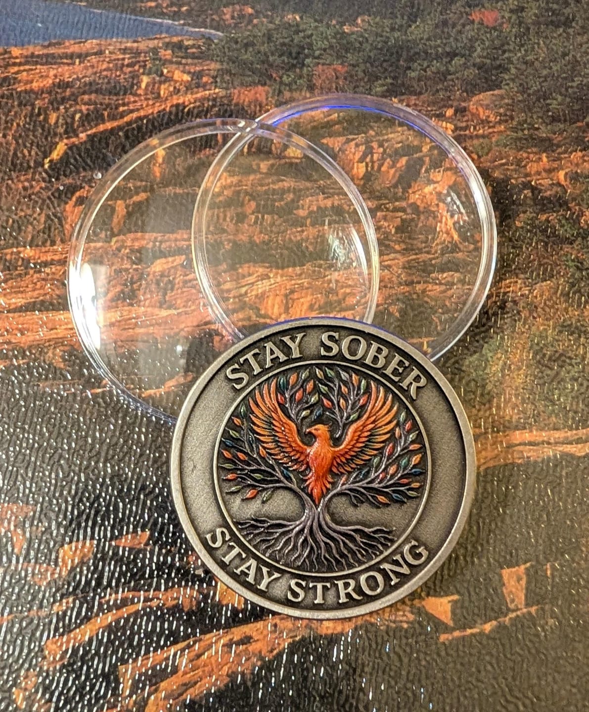 Customer photo review of Personalized Phoenix Tree of Life Sobriety Coin – Personalize Any Day, Month or Year