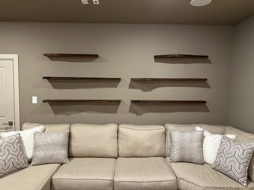 Customer photo review of Live-Edge Floating Shelf, Solid Wood Natural Edge Wall Shelf for Living Room Bedroom, Rustic Brown Wood Ledge