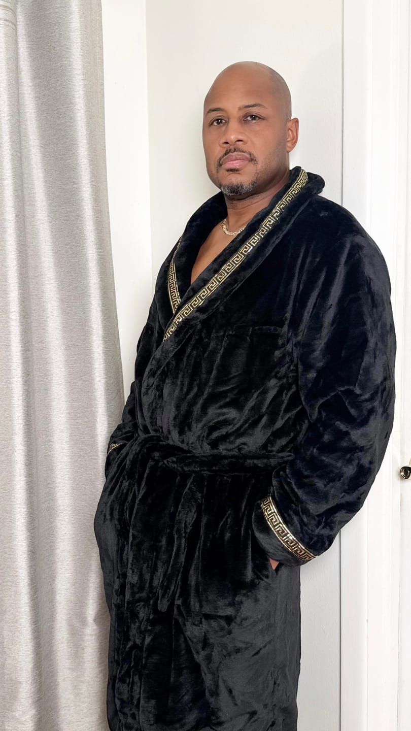 Customer photo review of The Royal King Robe | Black With Red Interior & Gold Greek Key Trim