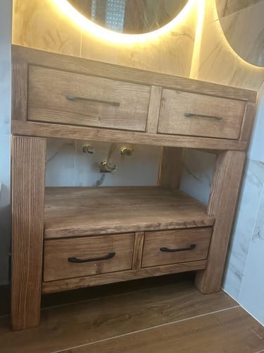 Customer photo review of Farmhouse Bathroom Vanity in Solid Wood Oak, Single Vessel Basin, Open Towel Shelf & Four Drawers