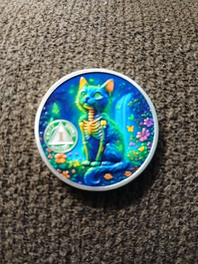 Customer photo review of Personalized Glow Forest Cat Sobriety Coin – Personalize Any Day, Month or Year