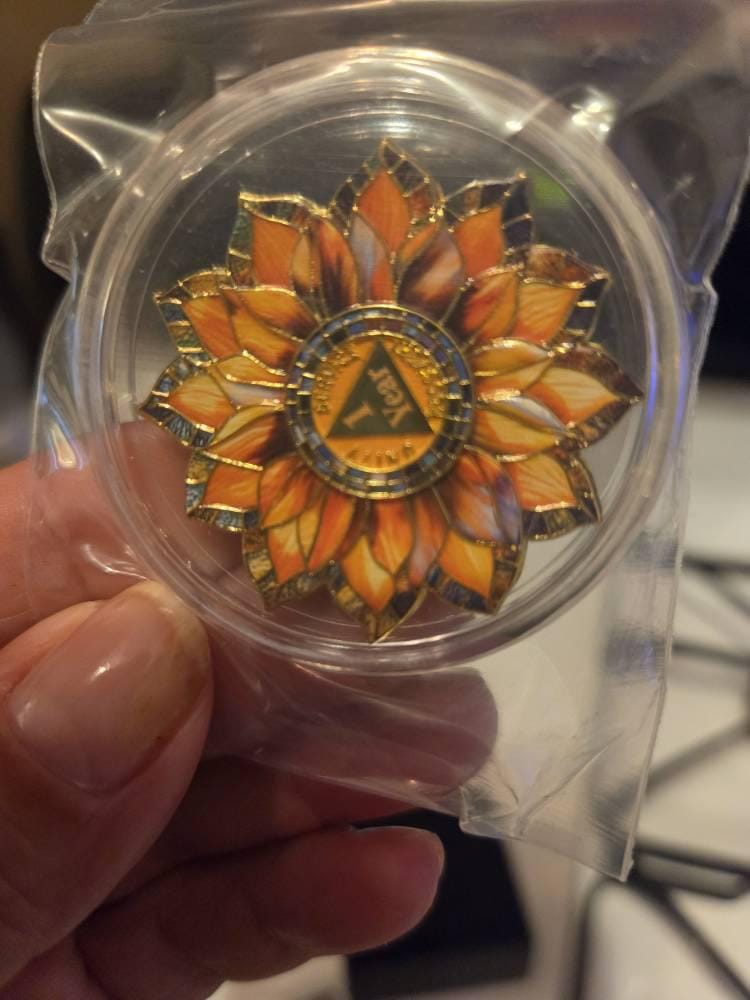 Customer photo review of Personalized Sunflower Sobriety Coin – Personalize Any Day, Month or Year