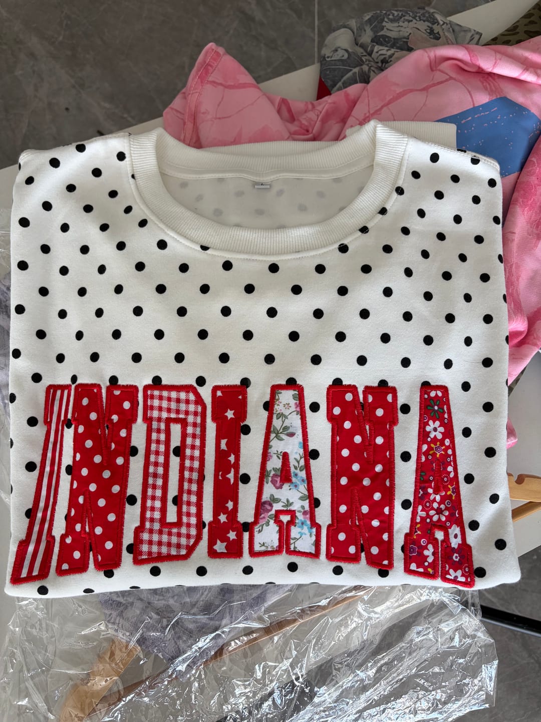 Customer photo review of Custom Patchwork Fabric Embroidered Polka Dot Sweatshirt Team and School Name Applique Varsity Letters | Game Day Wear