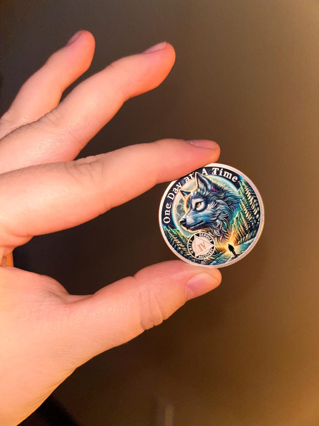 Customer photo review of Personalized Forest Wolf Sobriety Coin – Personalize Any Day, Month or Year