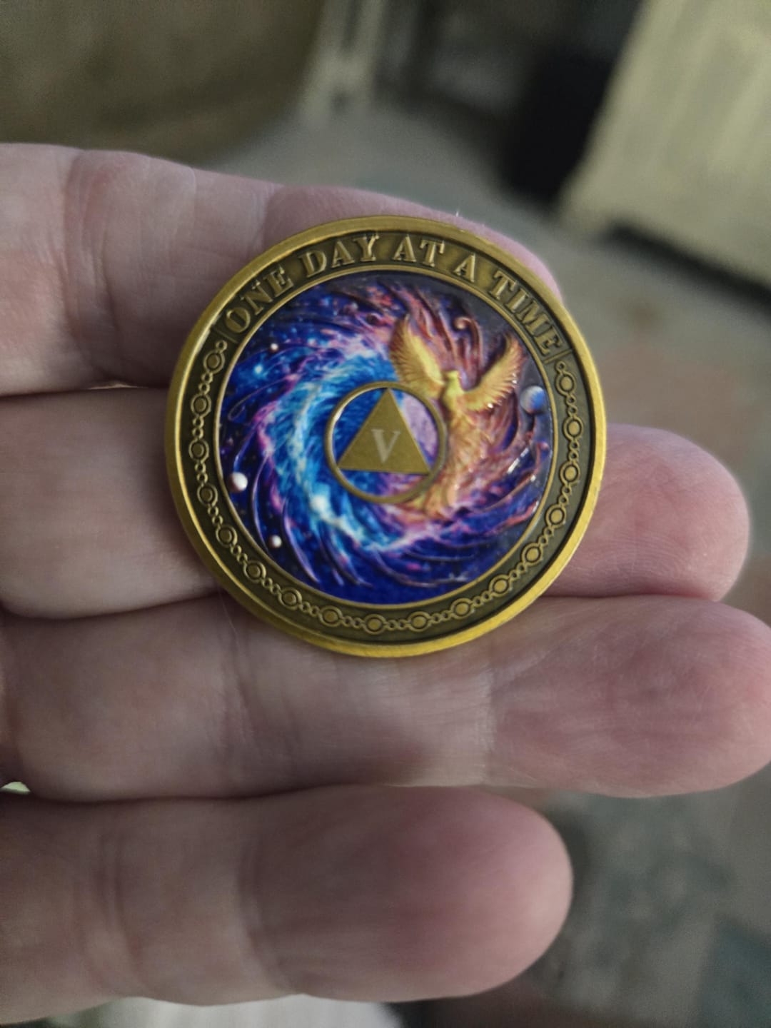 Customer photo review of Personalized Phoenix Rebirth Sobriety Coin – Personalize Any Day, Month or Year
