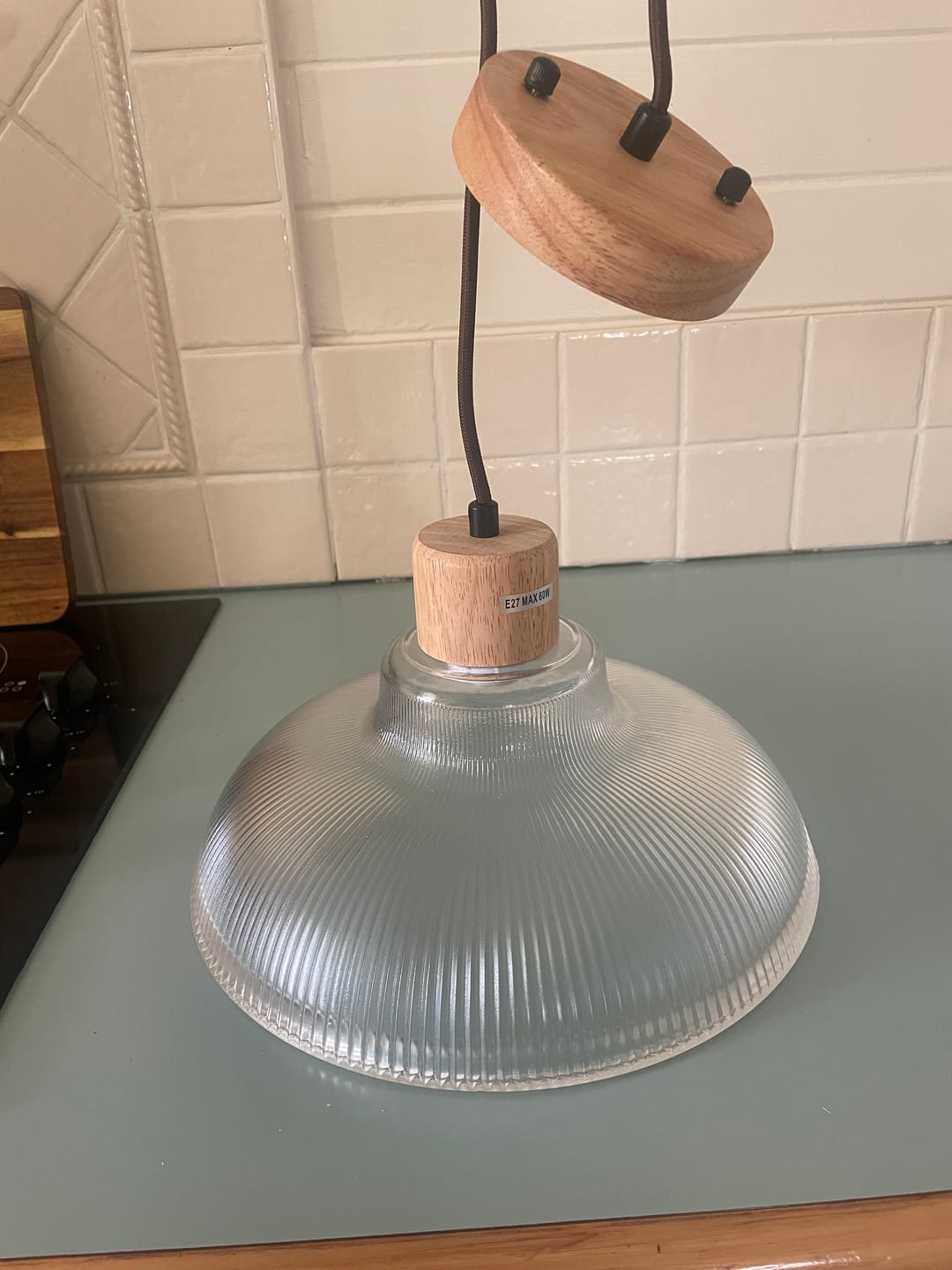Customer photo review of 1-Light Wood Accents Wide Edge Ribbed Dome Shape Glass Pendant Light