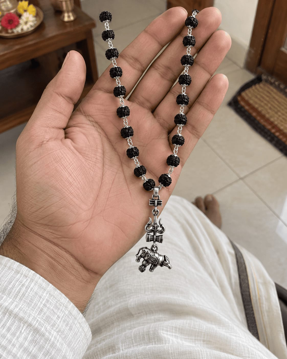 Customer photo review of Original Silver-Plated Karungali Mala with Shiv Trishul Nandi Pendant