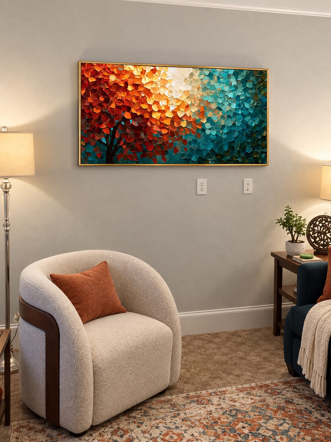 Customer photo review of "Dual Harmony" – Abstract Autumn Tree Teal Orange Textured Oil Painting