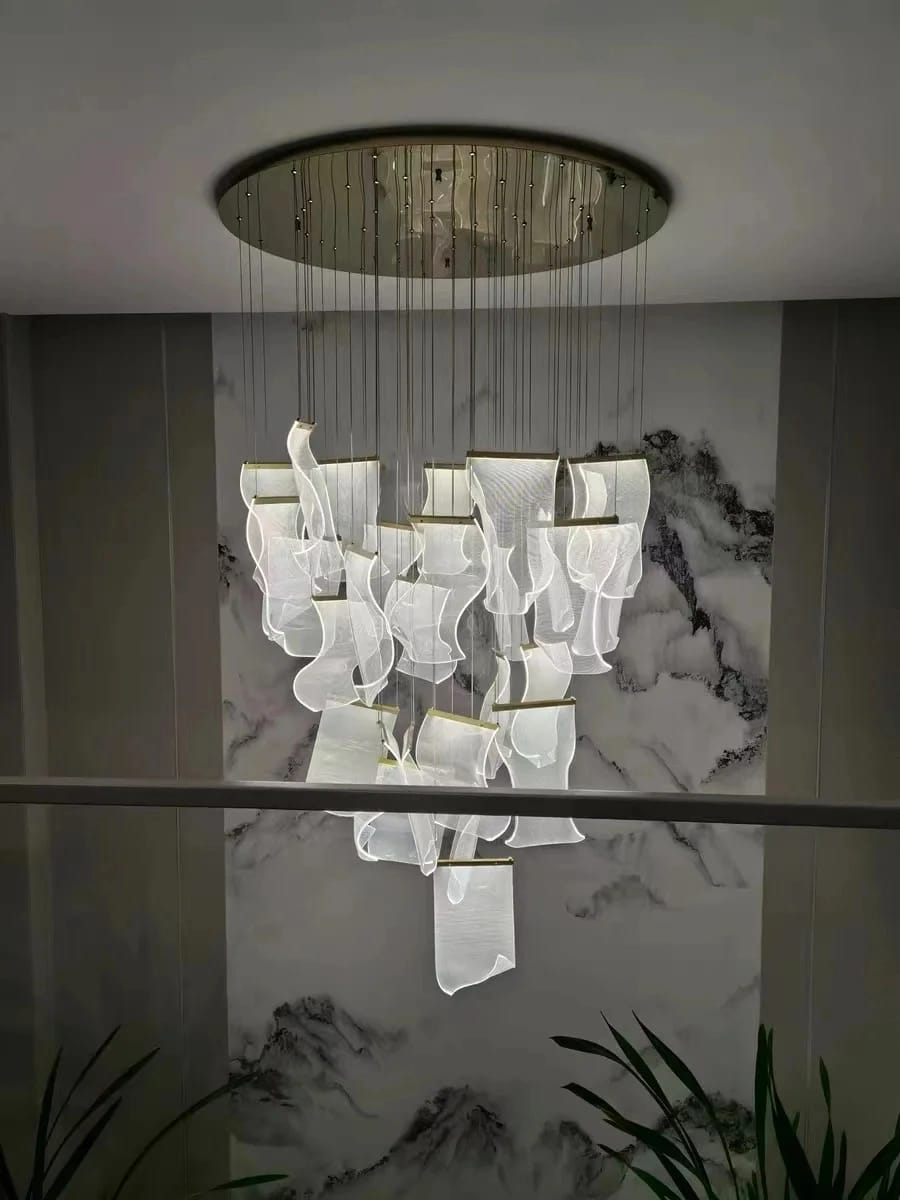 Customer photo review of Empress Gold Chandelier for Stairwell, Acrylic Panes, 225 cm