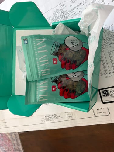 Customer's teal packaging box containing two bags of Plain Jane Alien OG THCA flower.