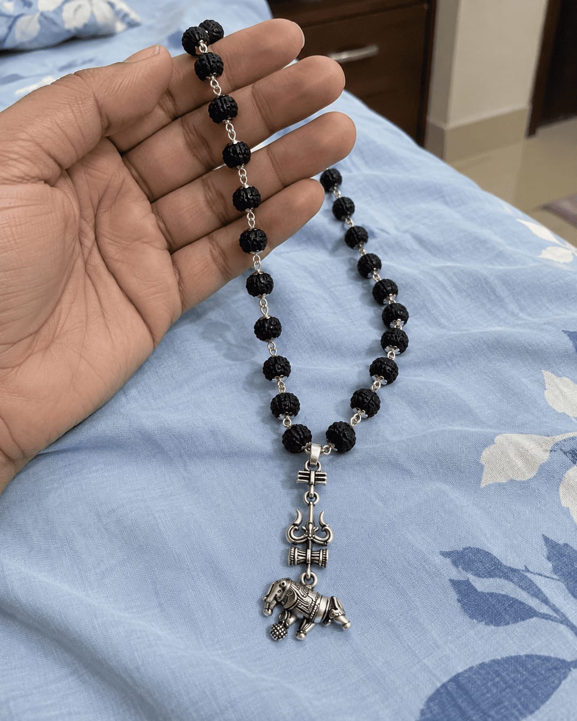 Customer photo review of Original Silver-Plated Karungali Mala with Shiv Trishul Nandi Pendant