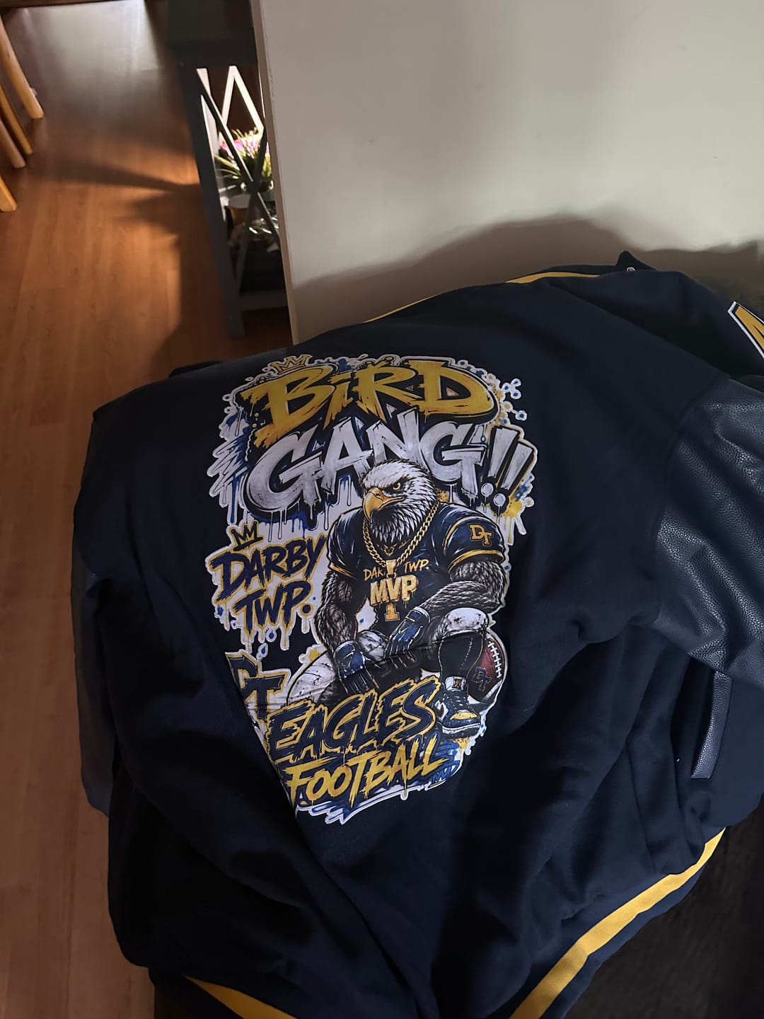 Customer photo review of Custom Navy Gold Classic Style Leather Sleeves Wrinkle-Resistant Jacket