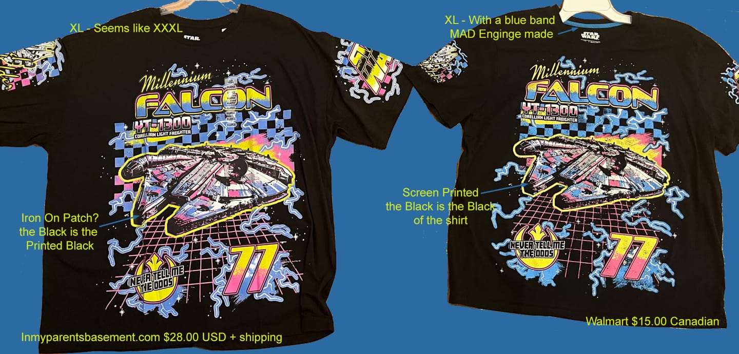 Customer photo review of Star Wars Mens T-Shirt - Electrified Millennium Falcon YT-1300 Logo Sleeves