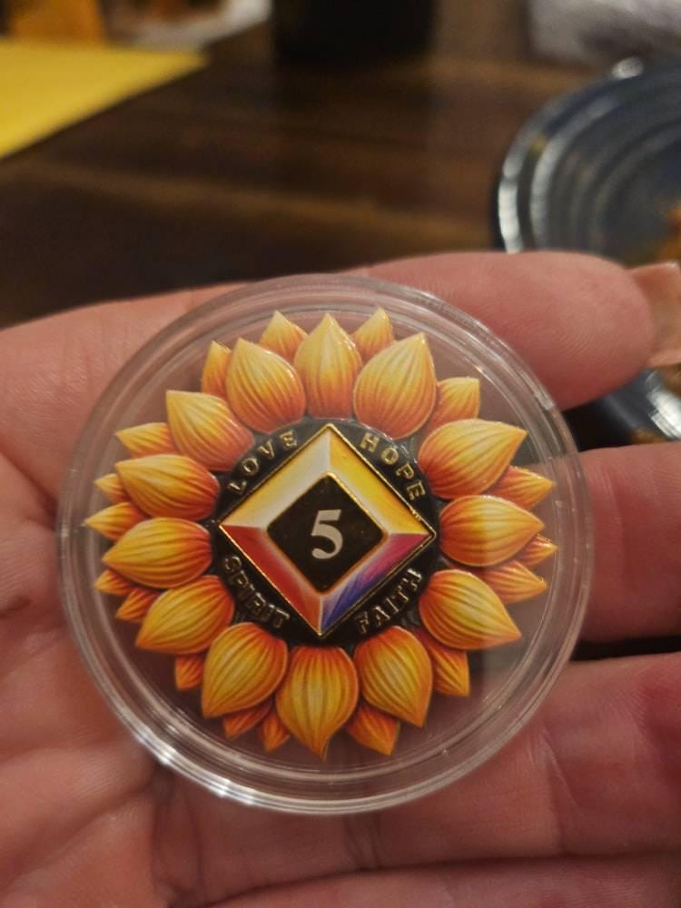 Customer photo review of Personalized Sunflower Serenity Recovery Sobriety Coin – Personalize Any Day, Month or Year