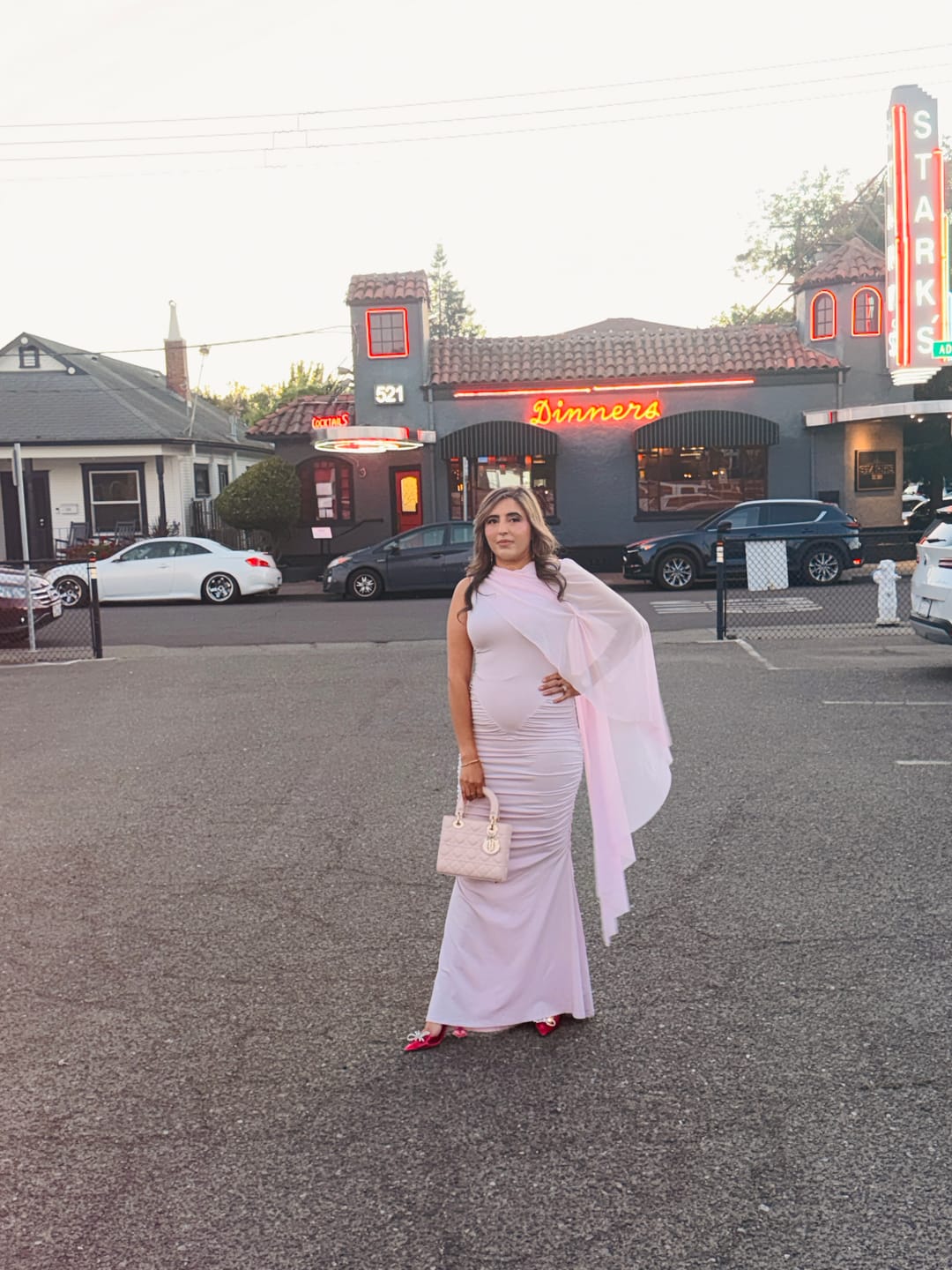 Customer photo review of One-Shoulder Draped Maxi Dress With Sheer Scarf Detail - Pink