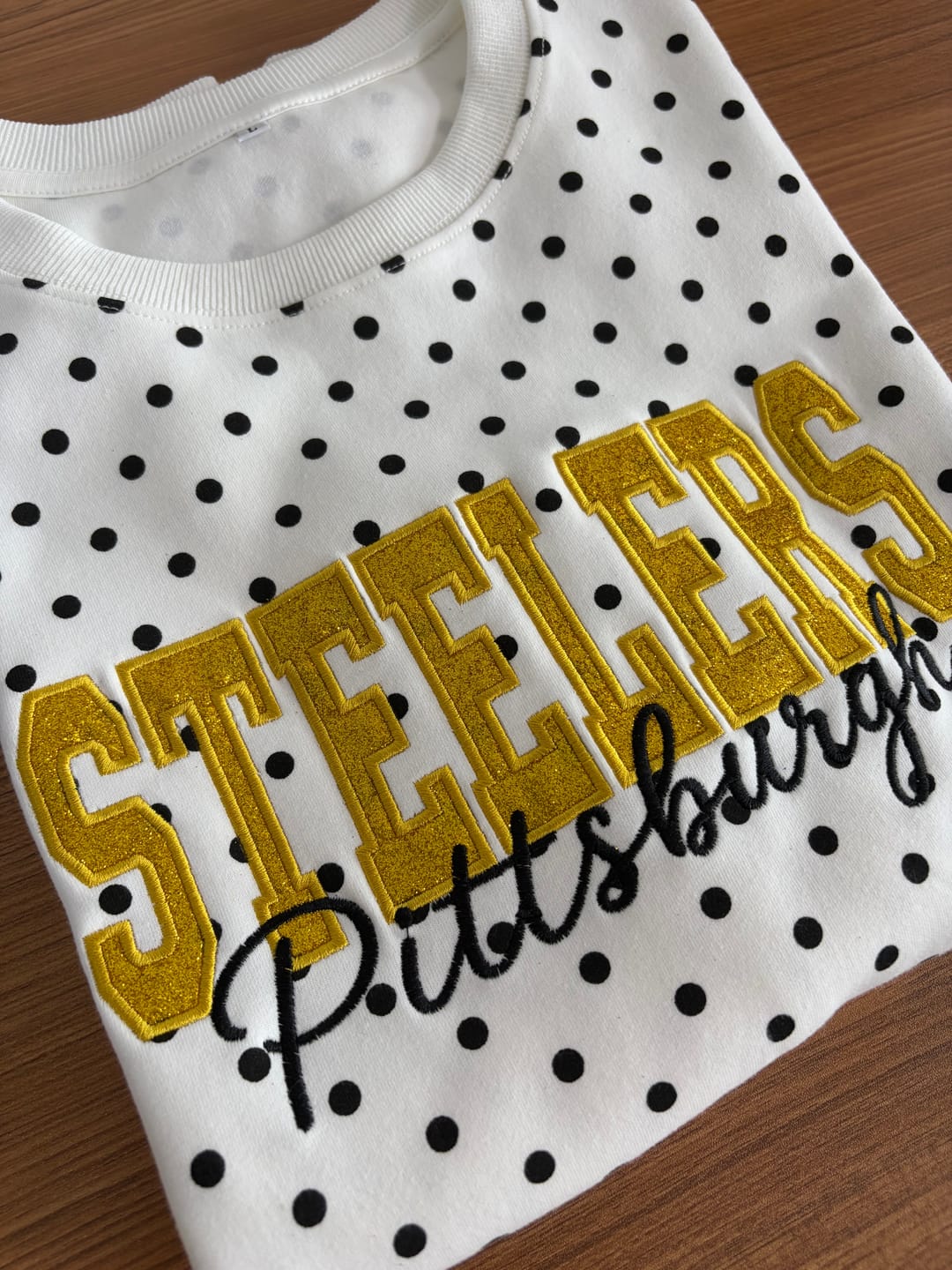 Customer photo review of Custom Embroidered Glitter Vinyl Team Polka Dot Sweatshirt - Game Day Best Gear | Gifts for Sports Mom | Game Day Wear