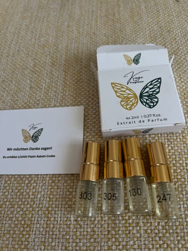 Customer's Tester Set with four labeled perfume vials and branded packaging on a textured surface.