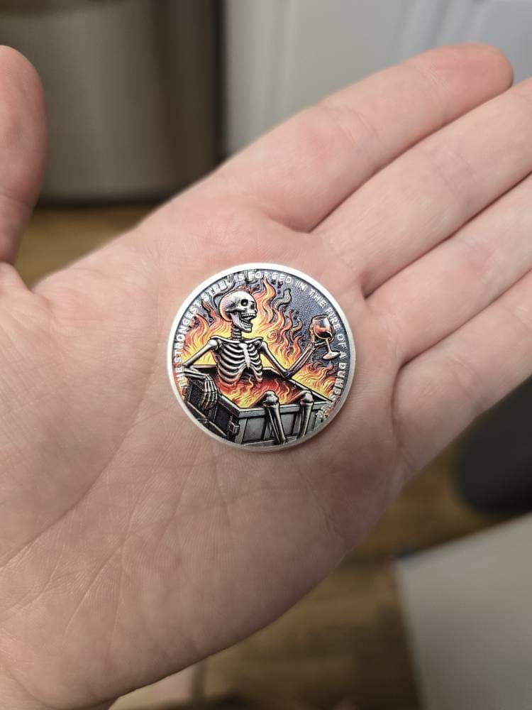Customer photo review of Personalized Dumpster Fire Skull Sobriety Coin – Personalize Any Day, Month or Year