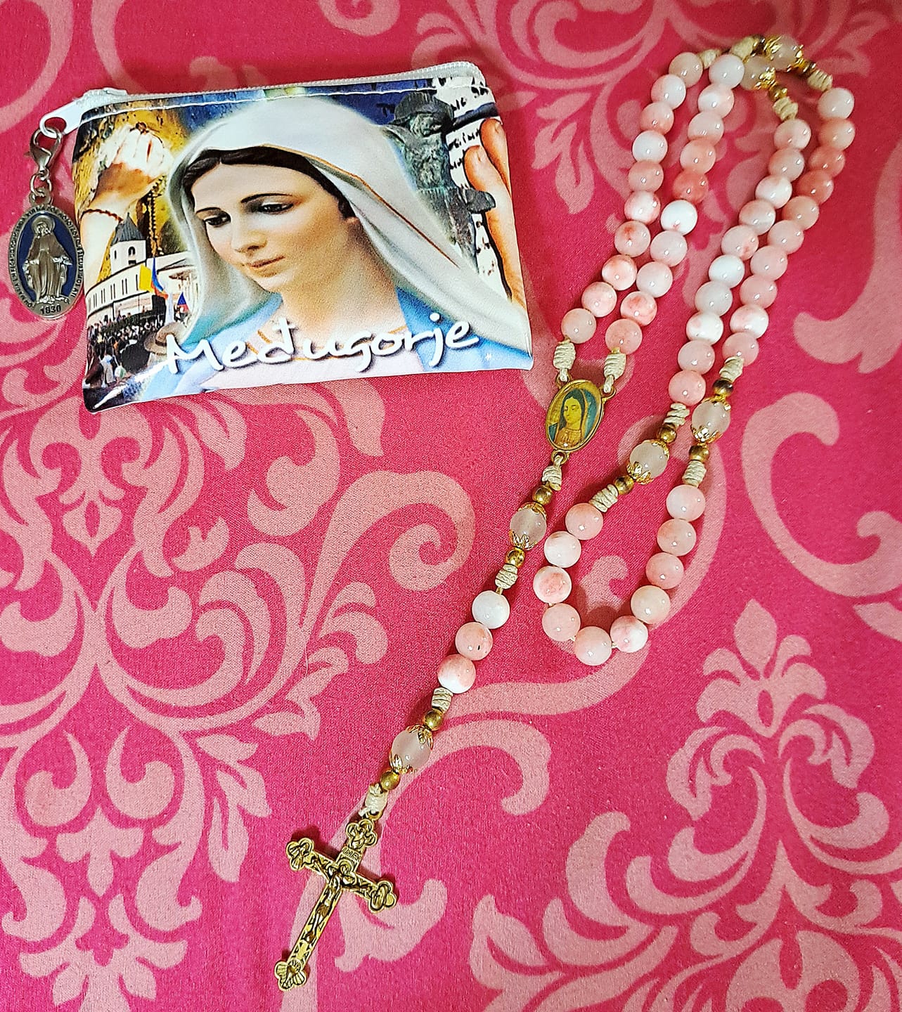 Customer photo review of FREE Today: Handmade Pink Persian Jade Rosary with Brass Crucifix and Our Lady Charm