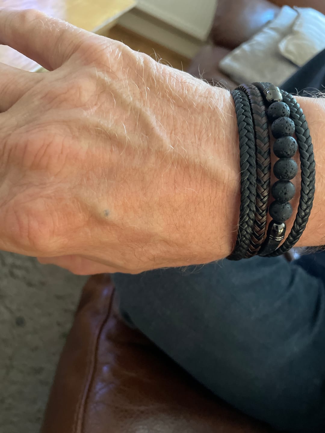 Customer photo review of Buddha Stones Tiger Eye Lava Rock Black Onyx Lazurite Lapis Lazuli Hematite Bead Positive Leather Bracelet