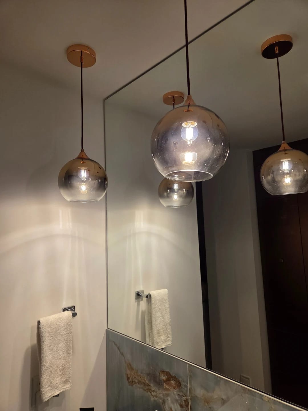 Customer photo review of Silver Pendant Light for Kitchen Island, Glass Sphere, 40 cm