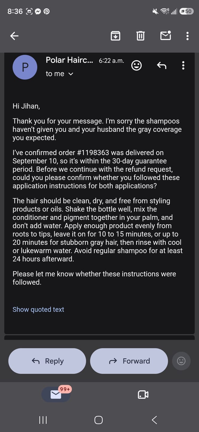 Customer photo review of Instant Dye Shampoo