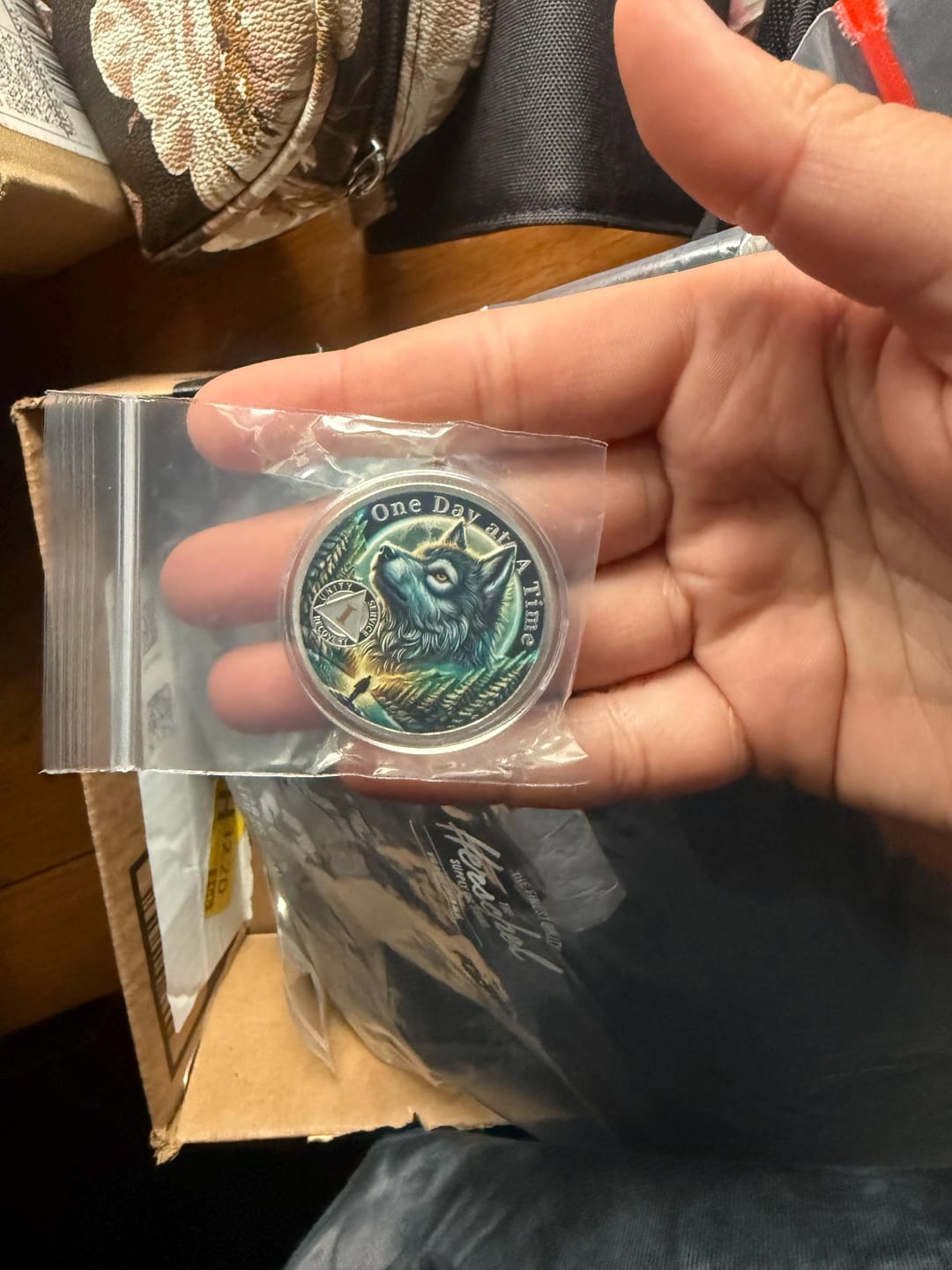 Customer photo review of Personalized Forest Wolf Sobriety Coin – Personalize Any Day, Month or Year
