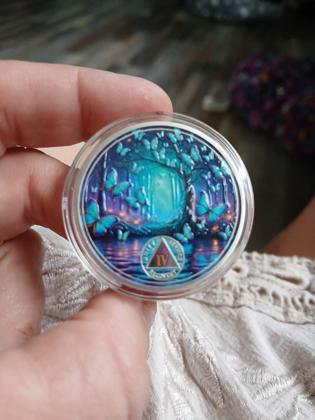 Customer photo review of Personalized Butterfly Forest Sobriety Coin – Personalize Any Day, Month or Year