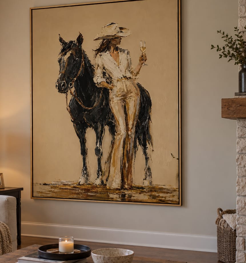 Customer photo review of Champagne Cowgirl-Black Horse Western Painting