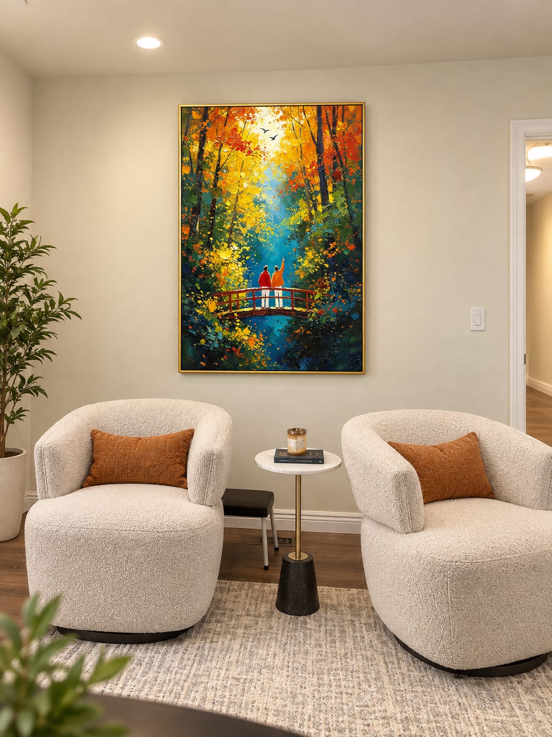 Customer photo review of "Golden Journey" – Impressionist Autumn Forest Footbridge Textured Oil Painting