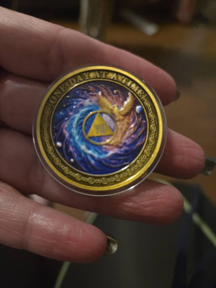 Customer photo review of Personalized Phoenix Rebirth Sobriety Coin – Personalize Any Day, Month or Year