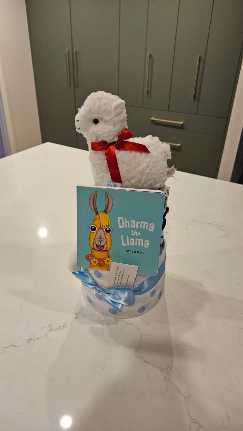 Customer photo review of Fuzzy Wuzzy Llama Deluxe Boys Nappy Cake
